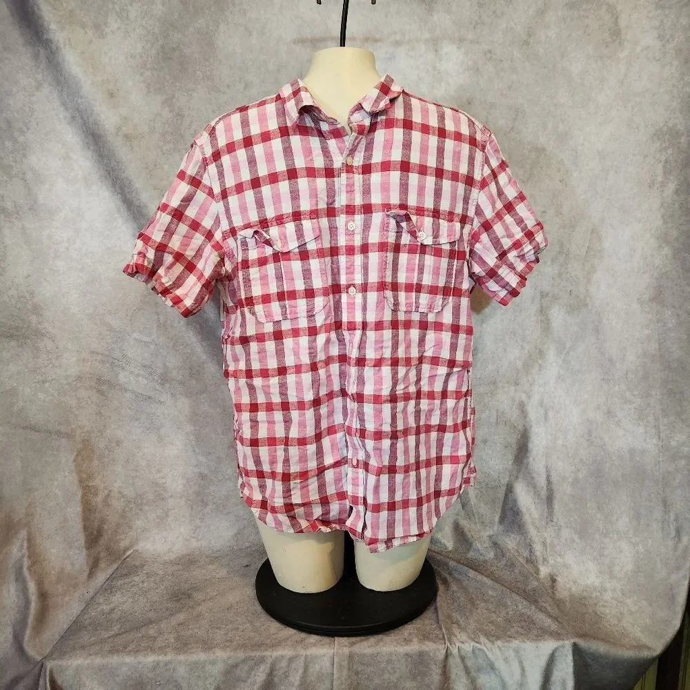 Men's Banana Republice Red Checkered Button‎ Down Linen Blend Shirt Size Large